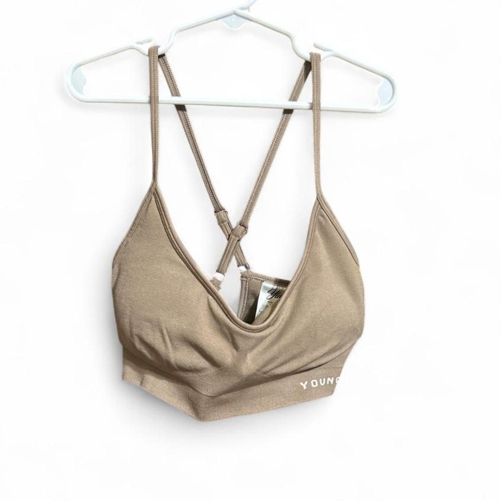 tan seamless sports bra from the popular fitness lifestyle brand, YoungLA - L